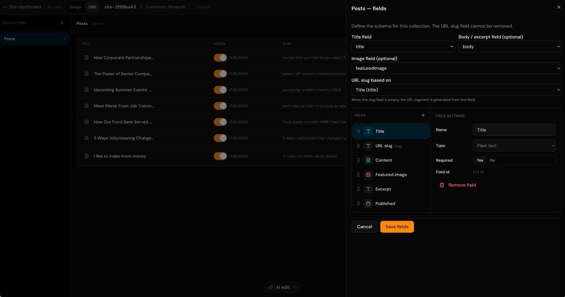Screenshot of SlateHut structured content collections and entries