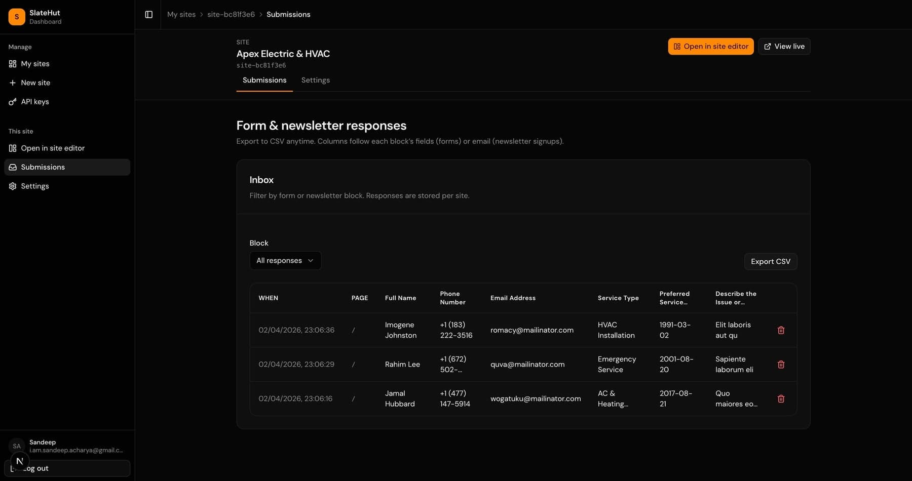 Screenshot of SlateHut dashboard form submissions for a site