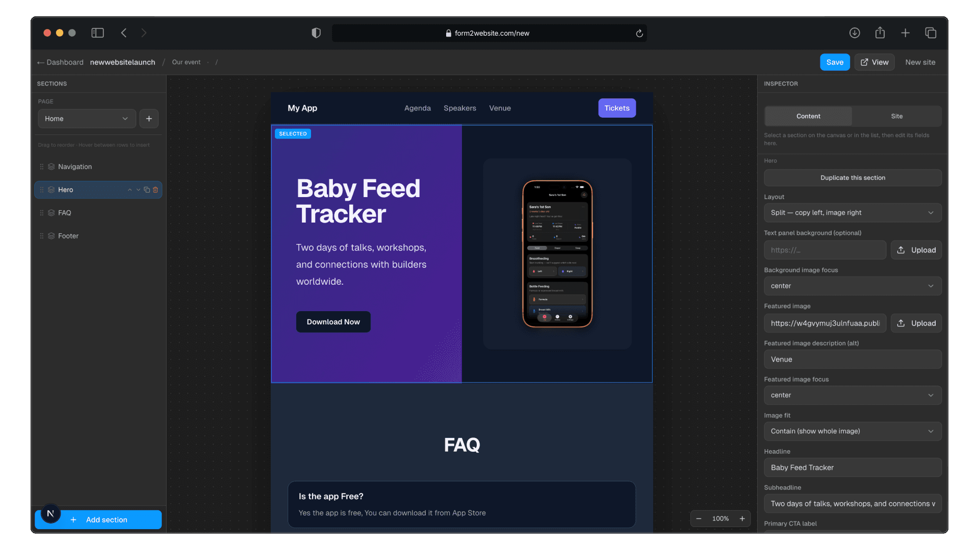 SlateHut editor showing a multi-section marketing page being composed from blocks