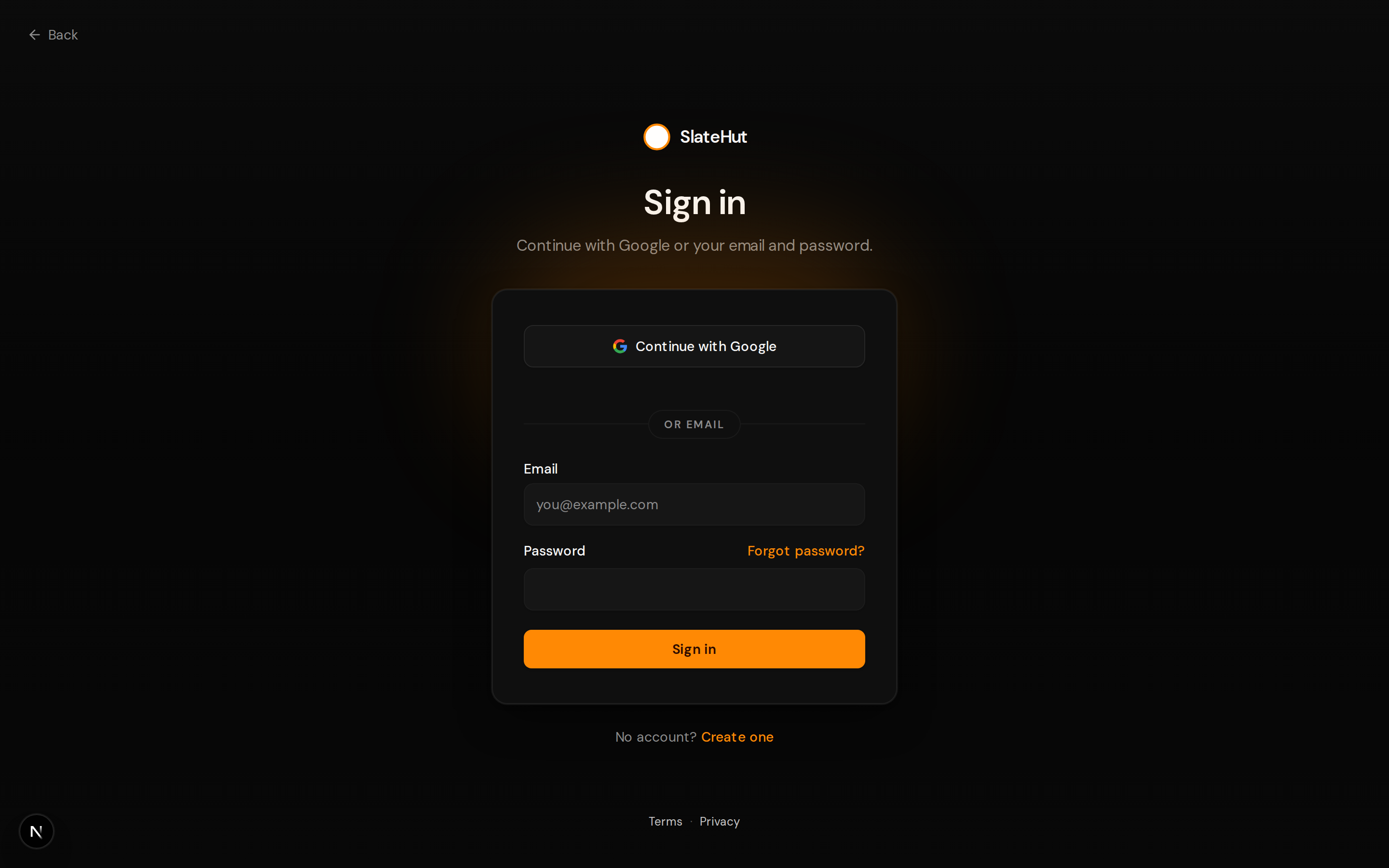 Sign in screen with email, password, and Google option.