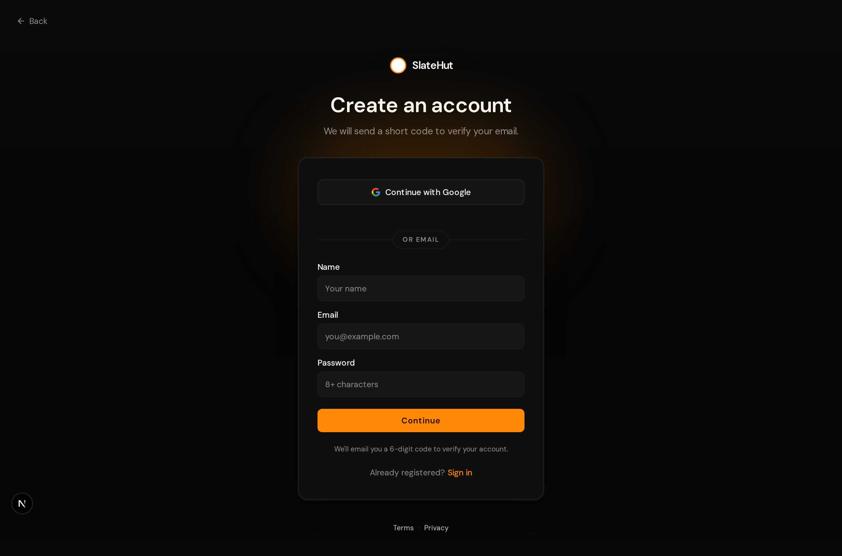 Create account screen with email and password fields.