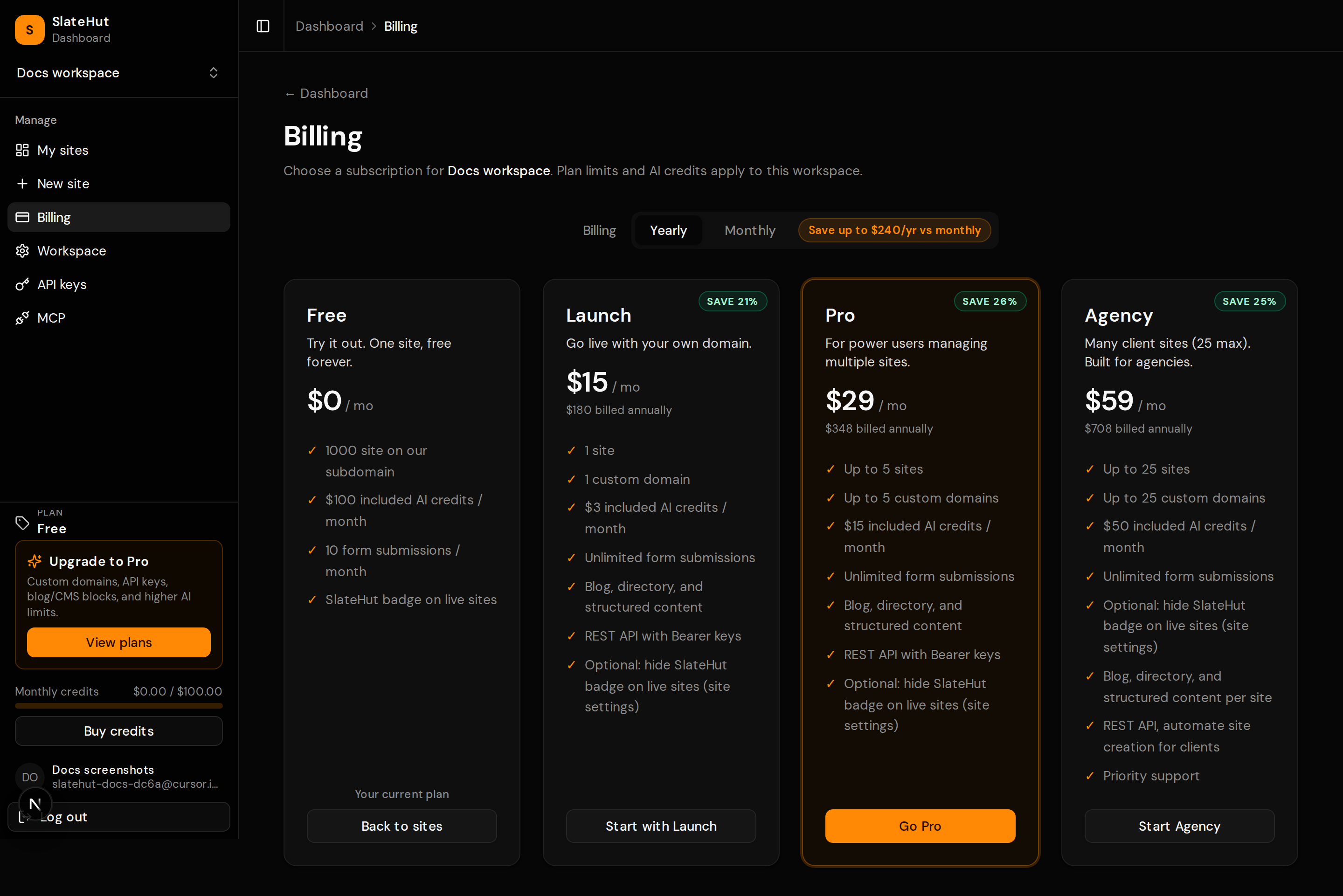 Billing and plan management for the workspace.