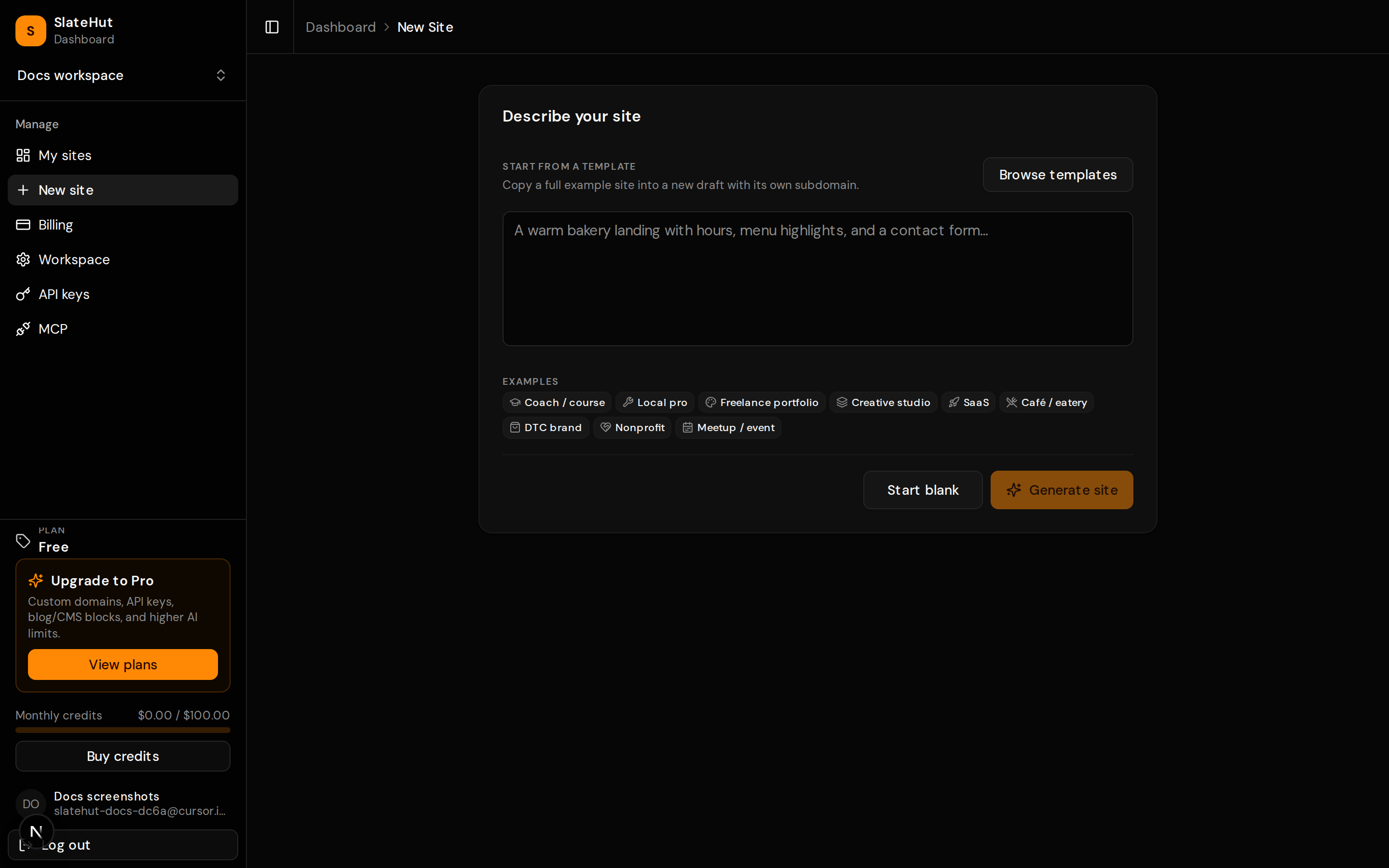 New site flow in the dashboard with prompt fields for generation.