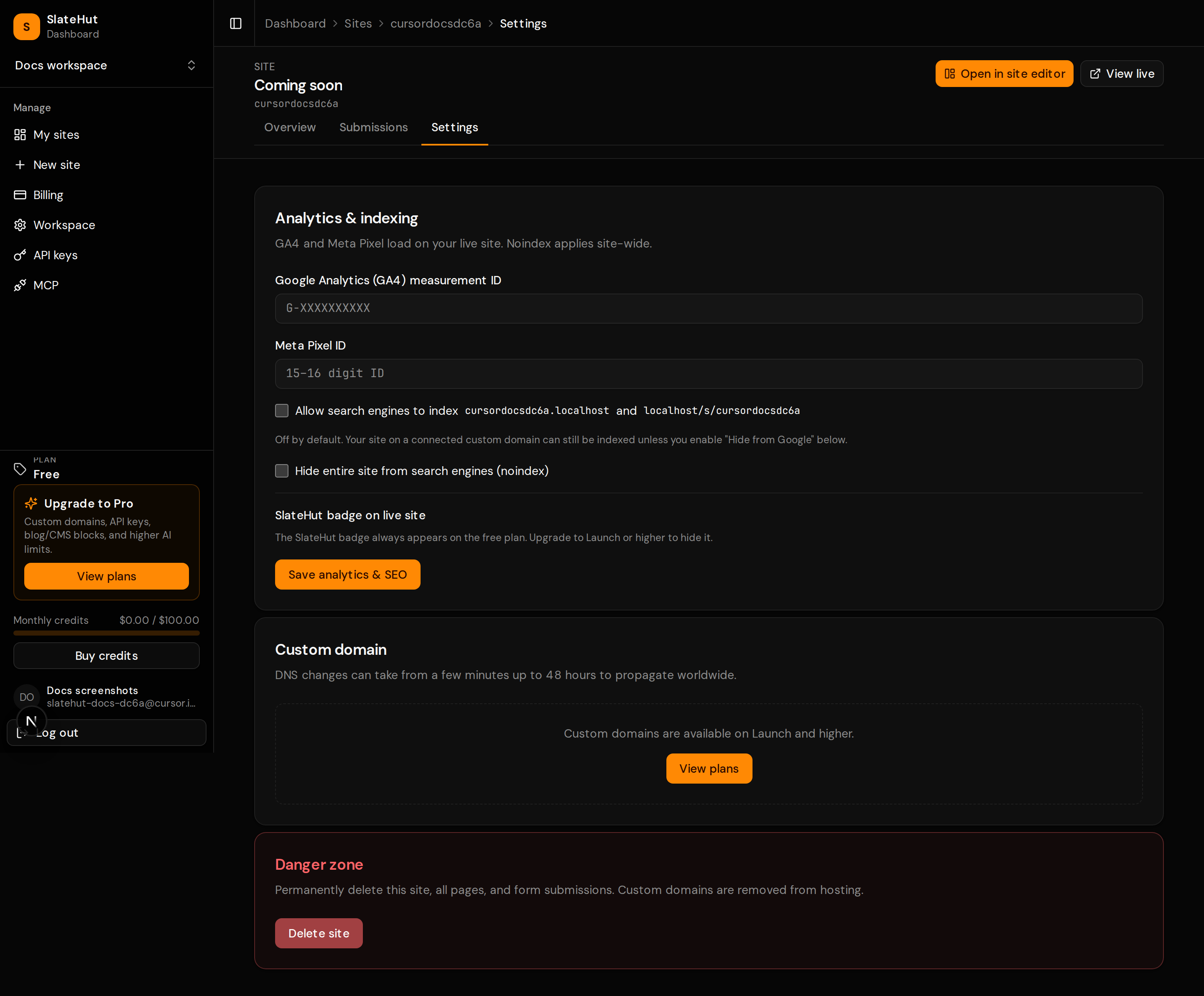 Dashboard site settings for domains, indexing, analytics, and badge options.