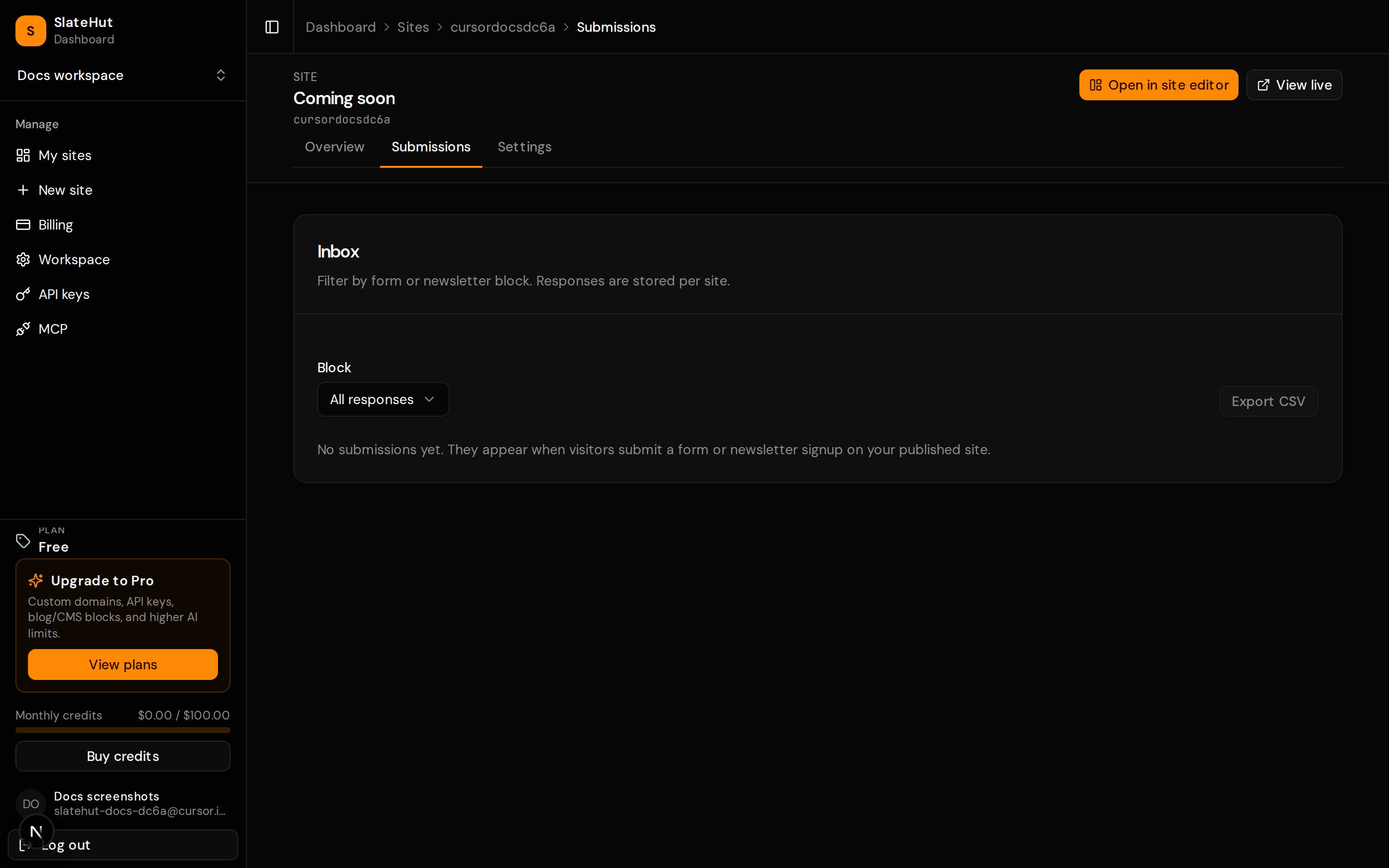 Per-site form submissions inbox with filters.