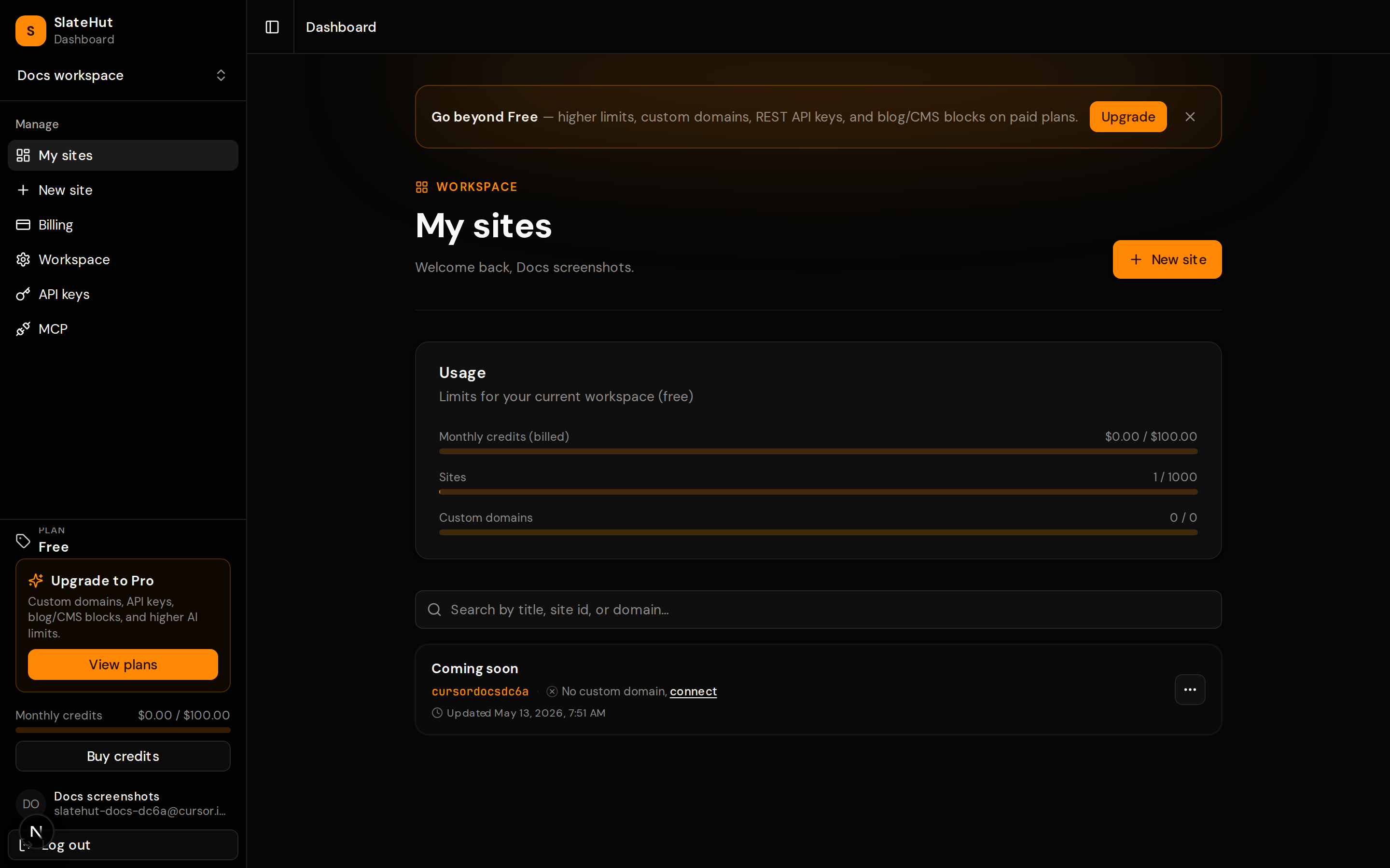 Dashboard My sites page with the sites table and workspace usage summary.