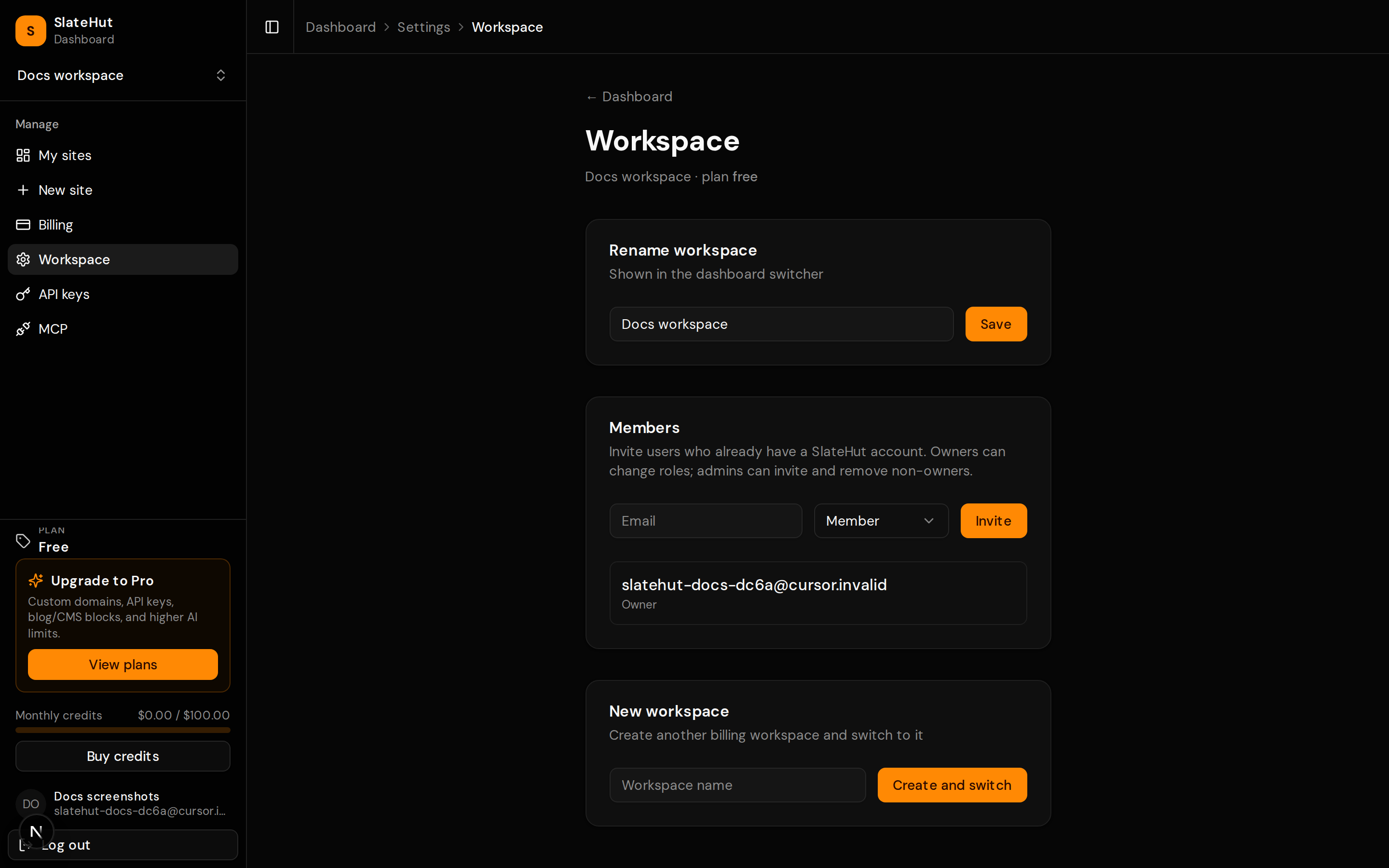 Workspace name and membership settings.
