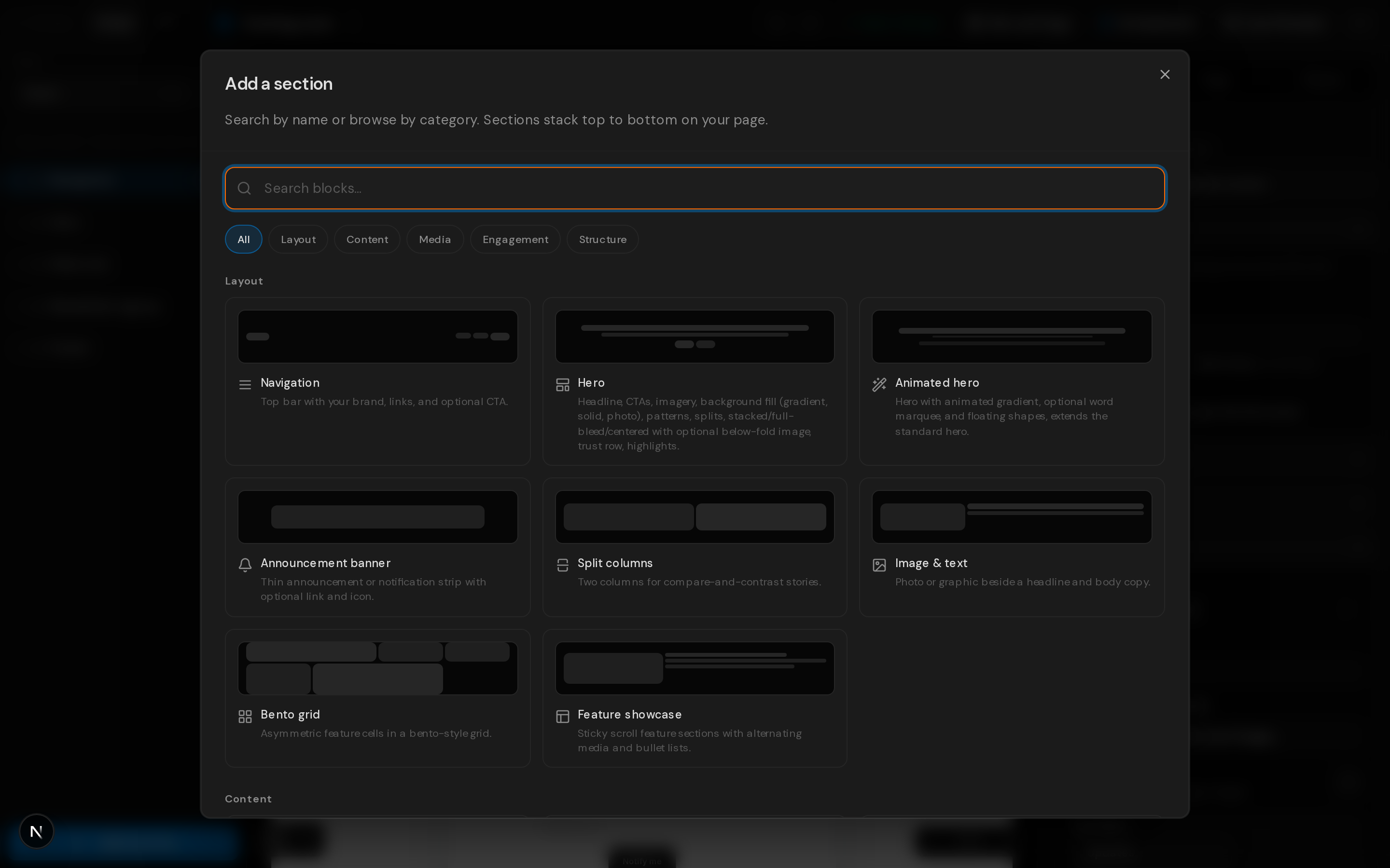 Add a section dialog with search and categorized block tiles.