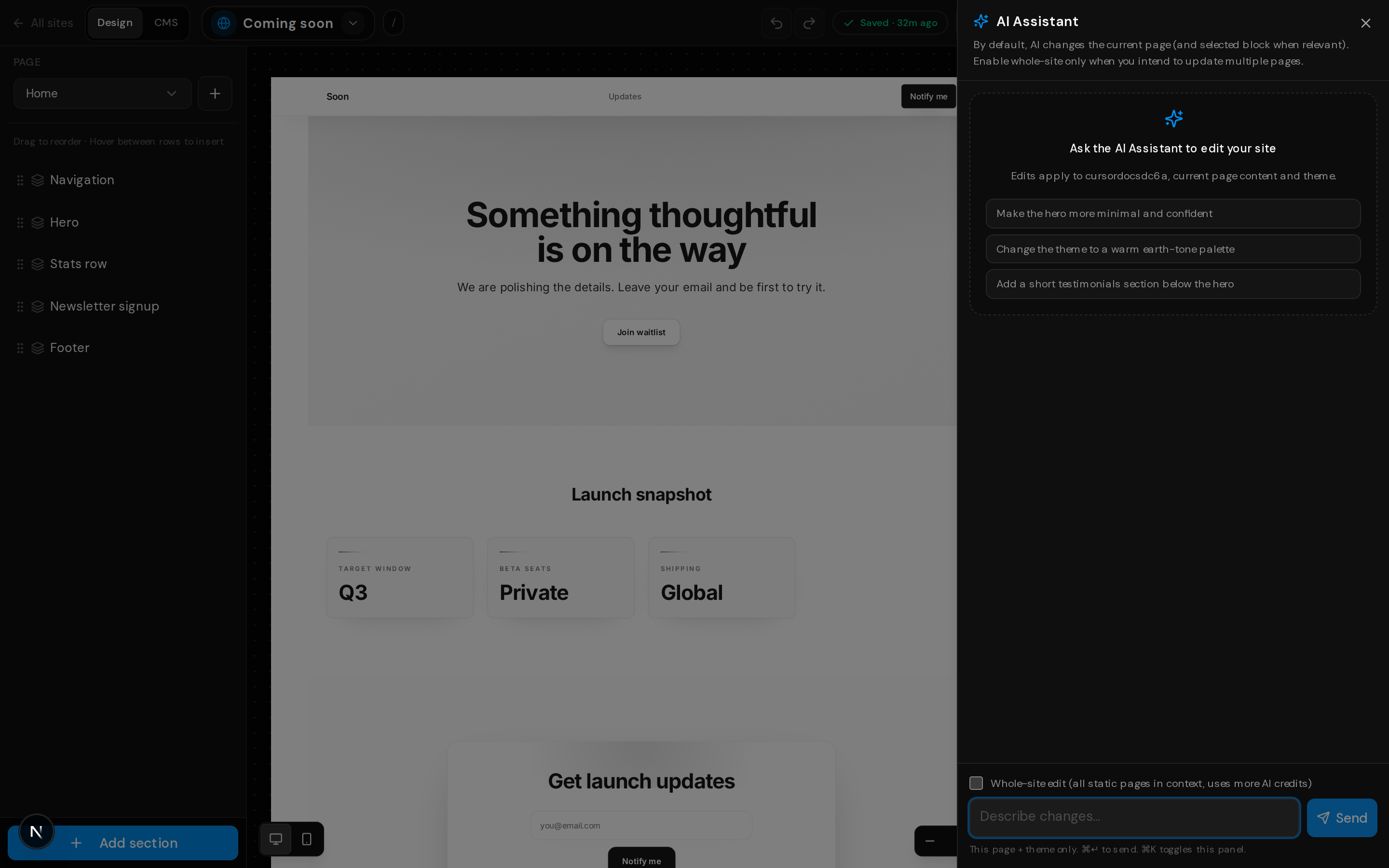 AI Assistant sheet with prompt field and scope options.