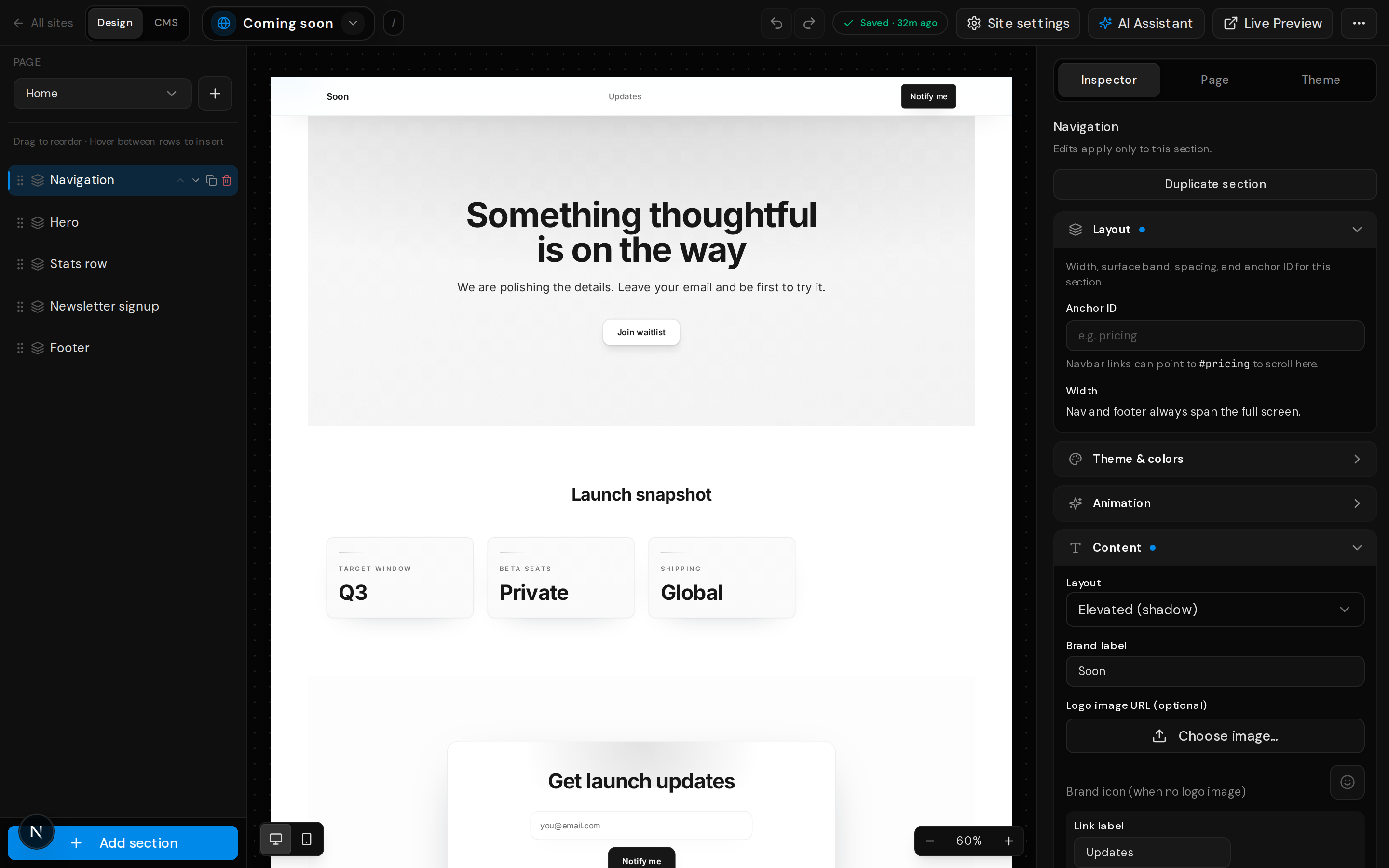 Site editor with one block selected and the right-hand inspector showing editable props.