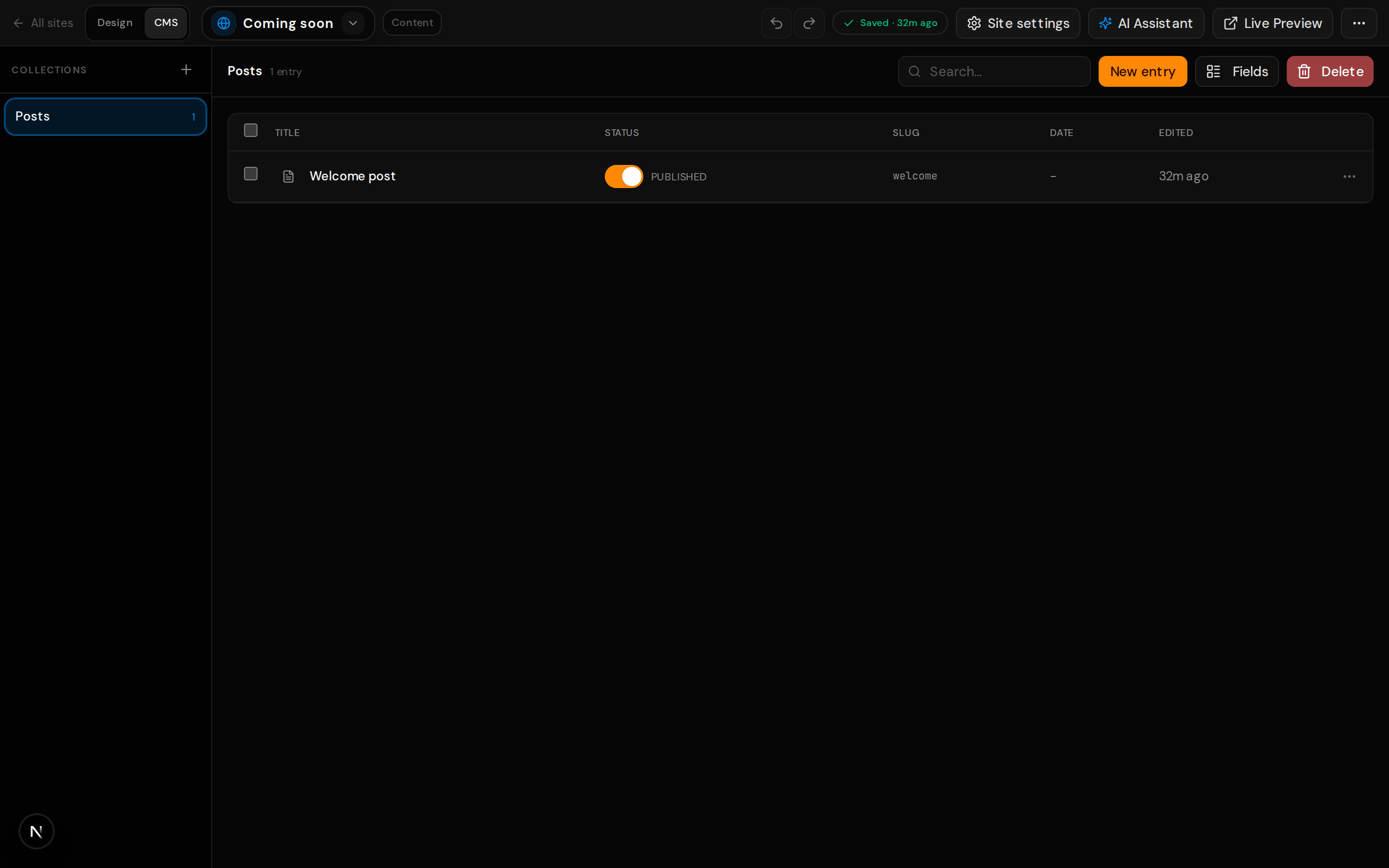 Site editor with CMS workspace selected, showing collections and entries.