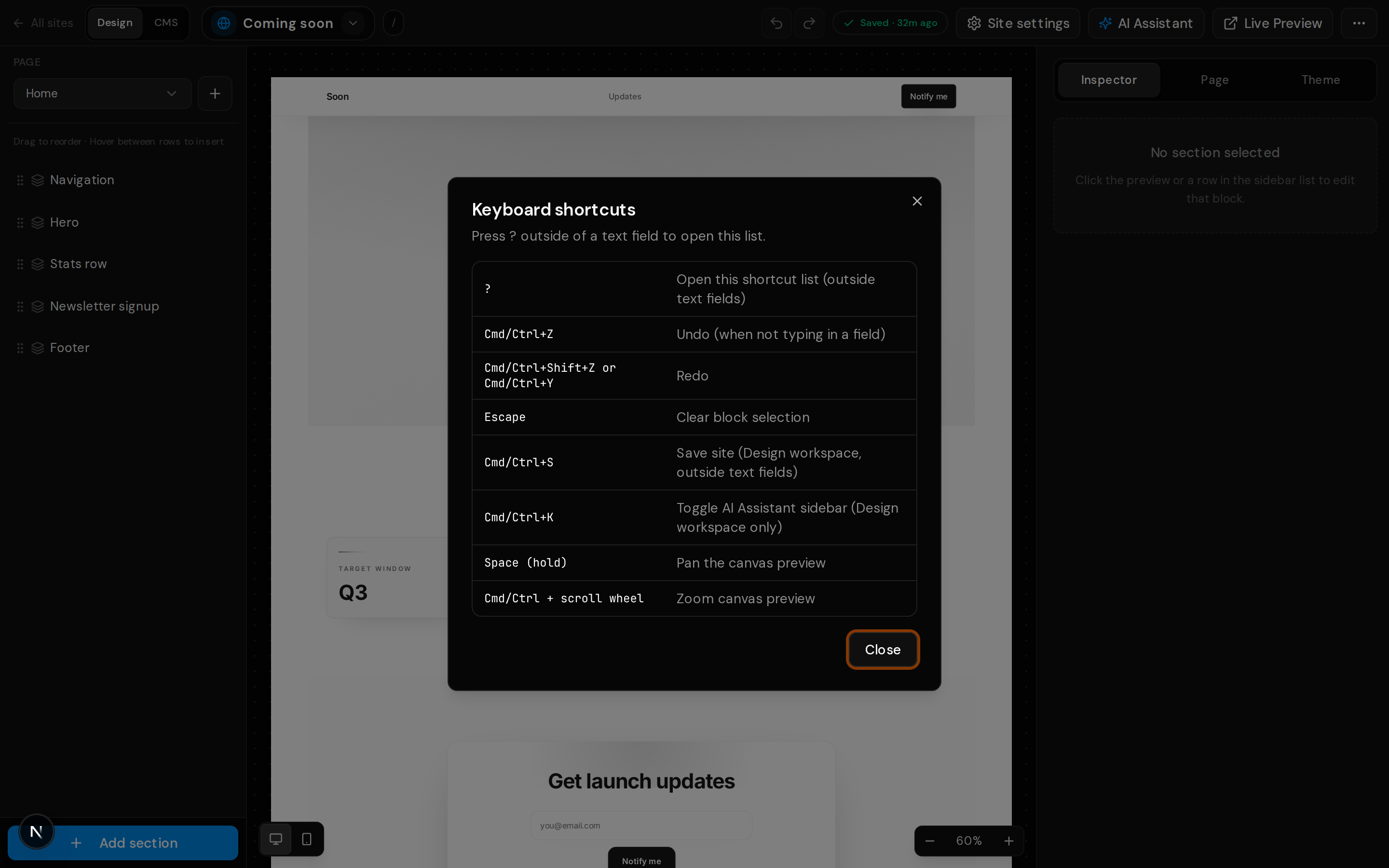 Keyboard shortcuts dialog listing editor key bindings.