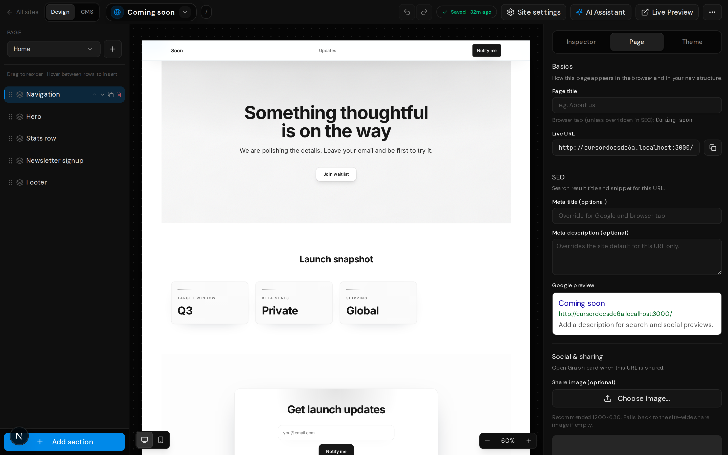 Editor right panel with Page tab selected for slug and SEO fields.