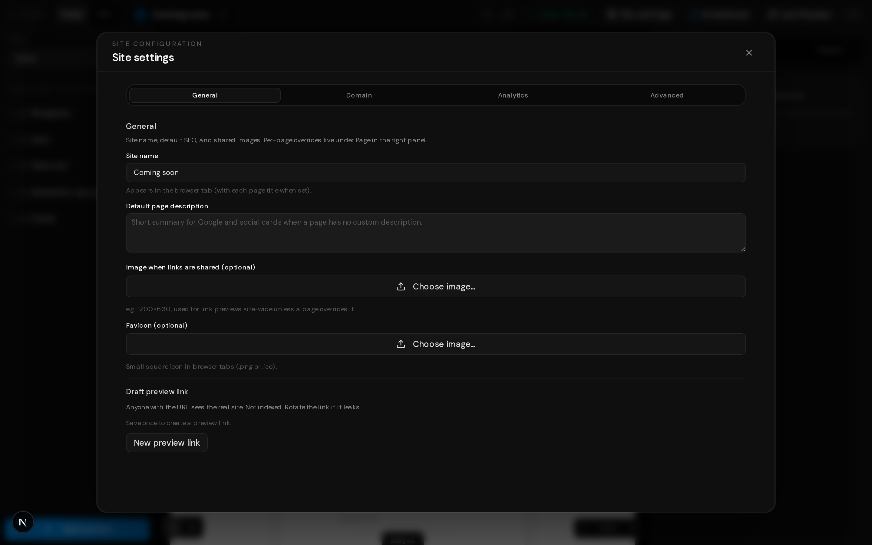 Site settings modal covering global SEO, social images, and domain-related options.