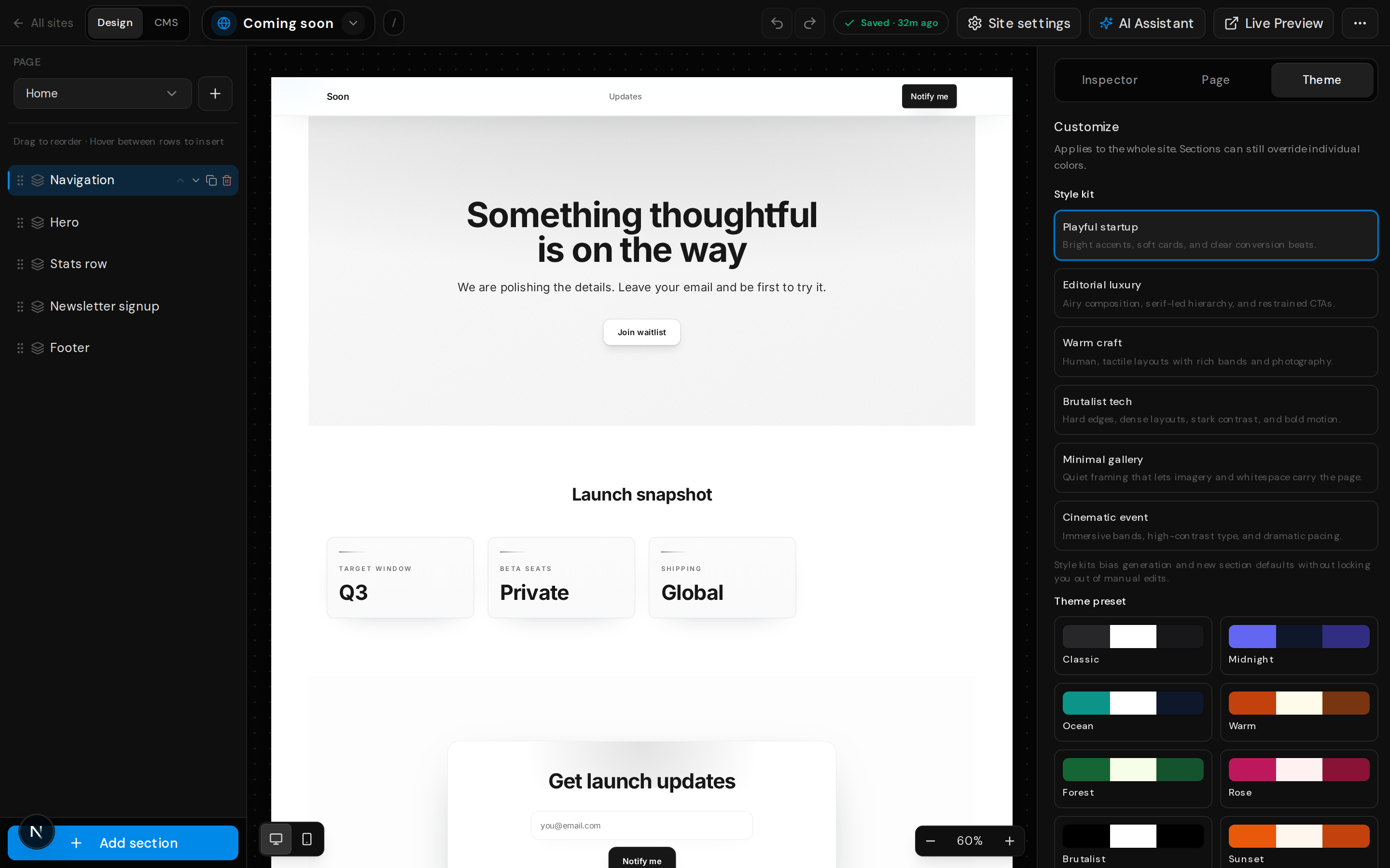 Editor right panel with Theme tab selected showing color and typography controls.