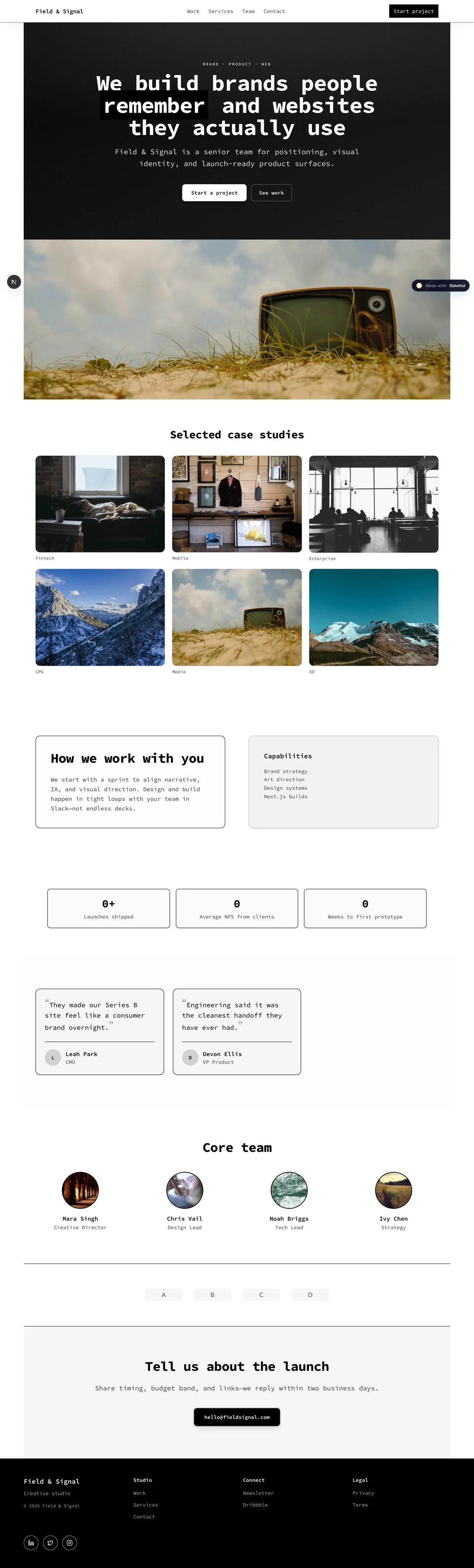 Screenshot of the Creative agency built-in template on SlateHut