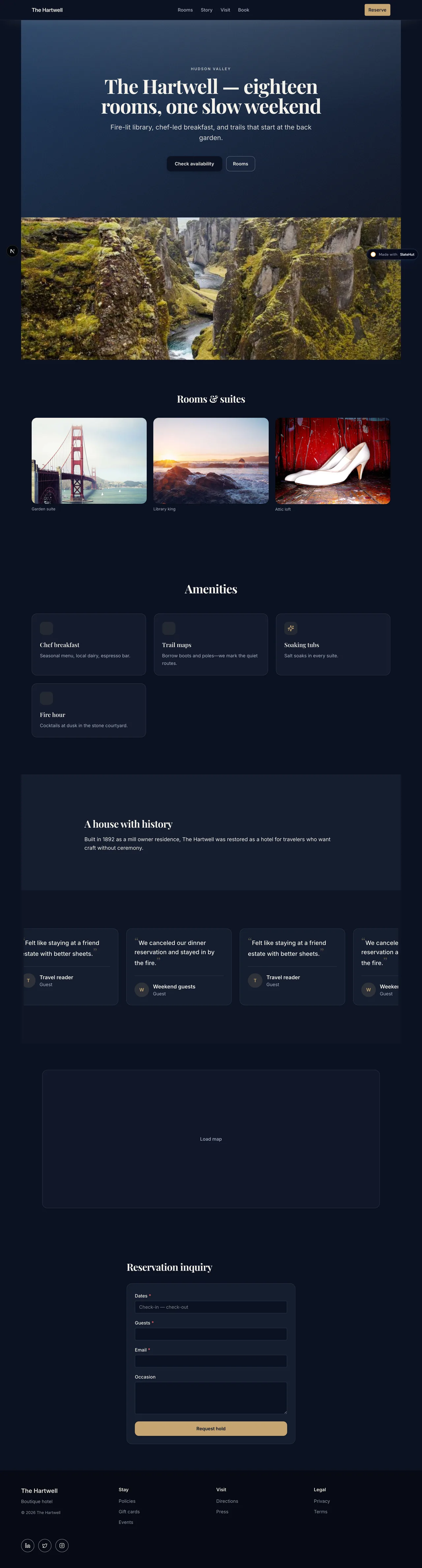 Screenshot of the Boutique hotel built-in template on SlateHut