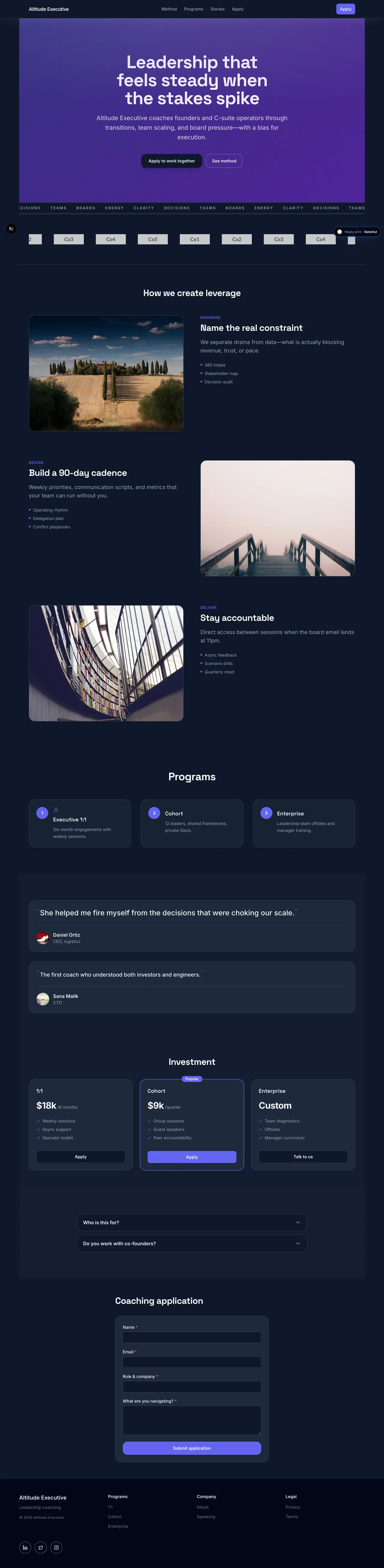 Screenshot of the Executive coach built-in template on SlateHut