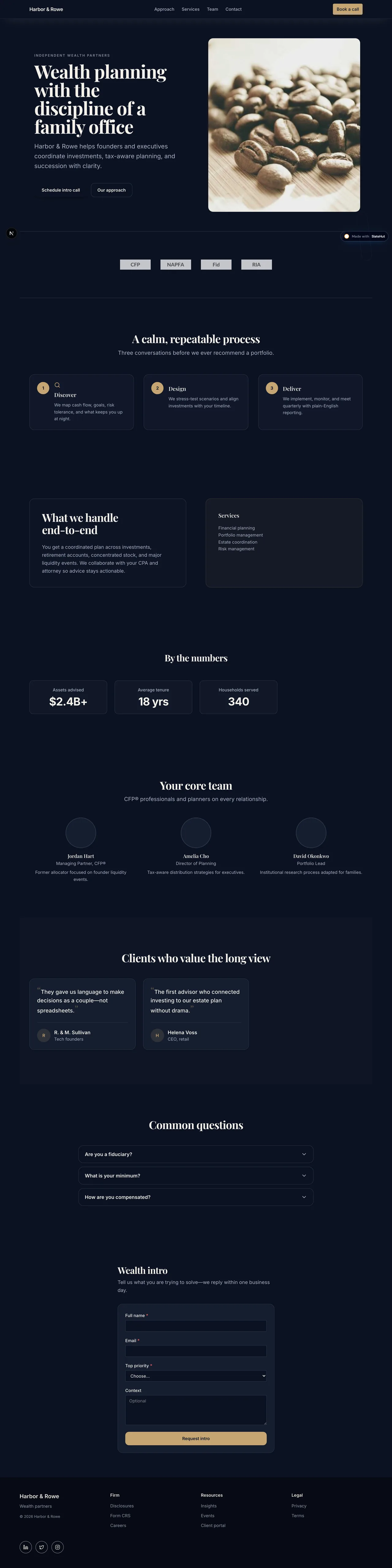 Screenshot of the Financial advisor built-in template on SlateHut