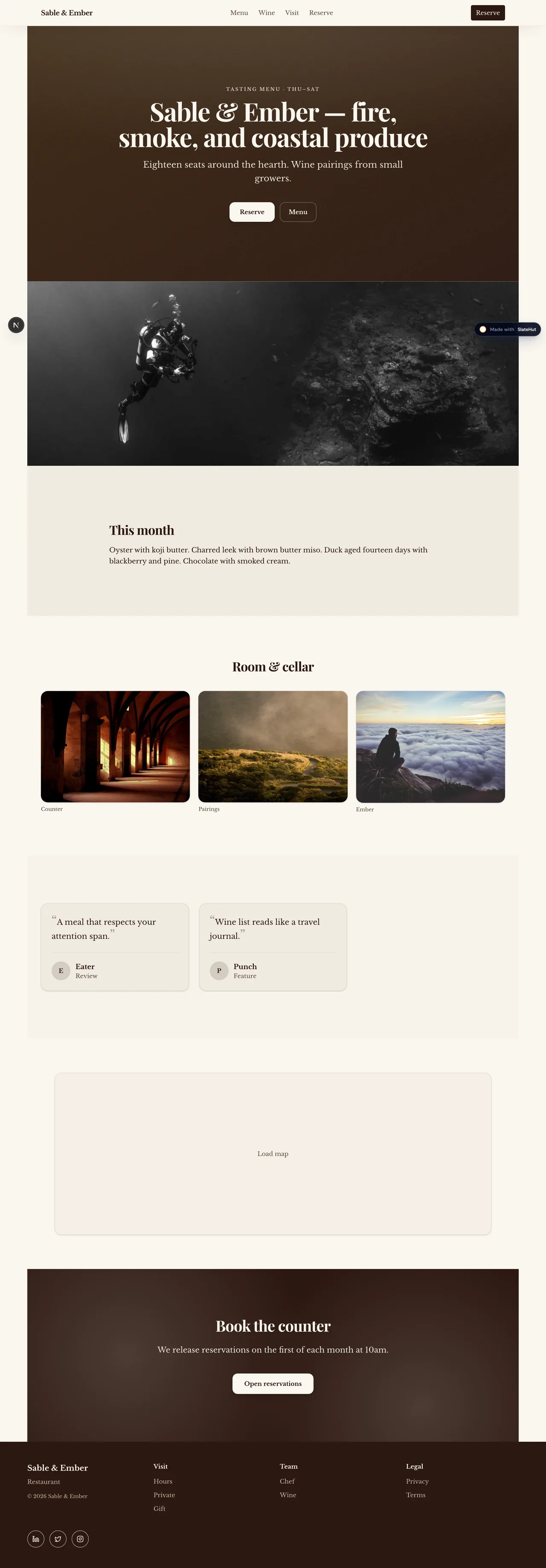 Screenshot of the Fine dining built-in template on SlateHut
