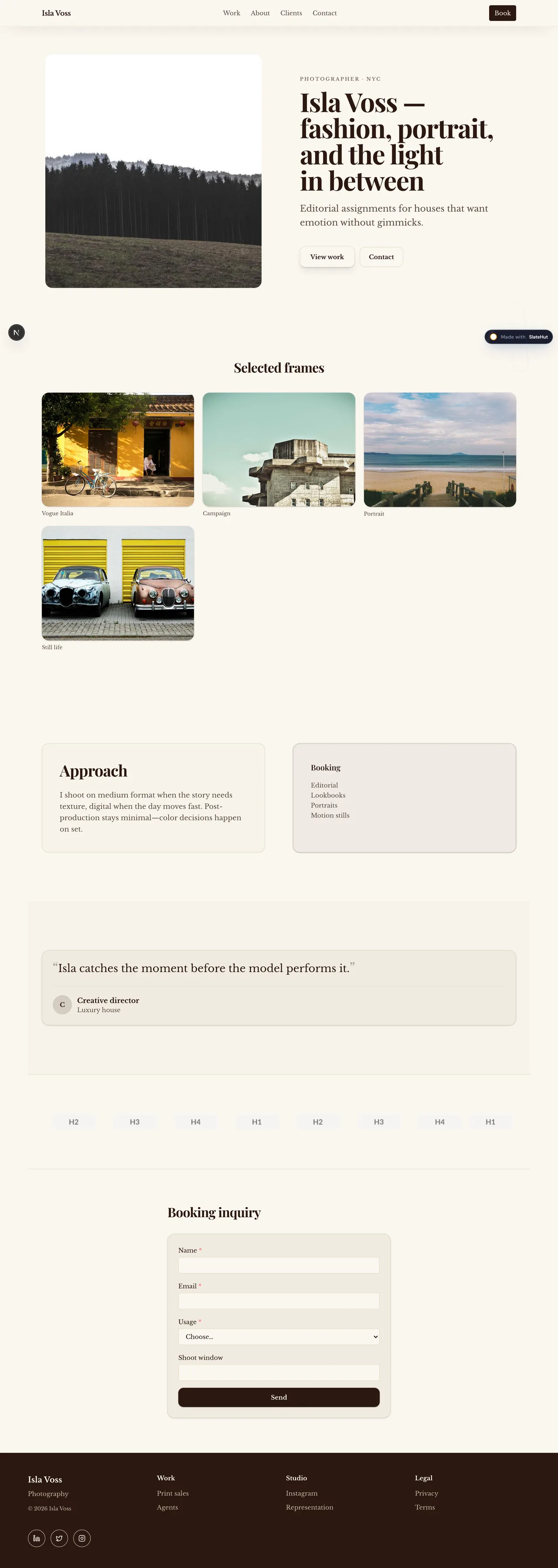 Screenshot of the Luxury portfolio built-in template on SlateHut