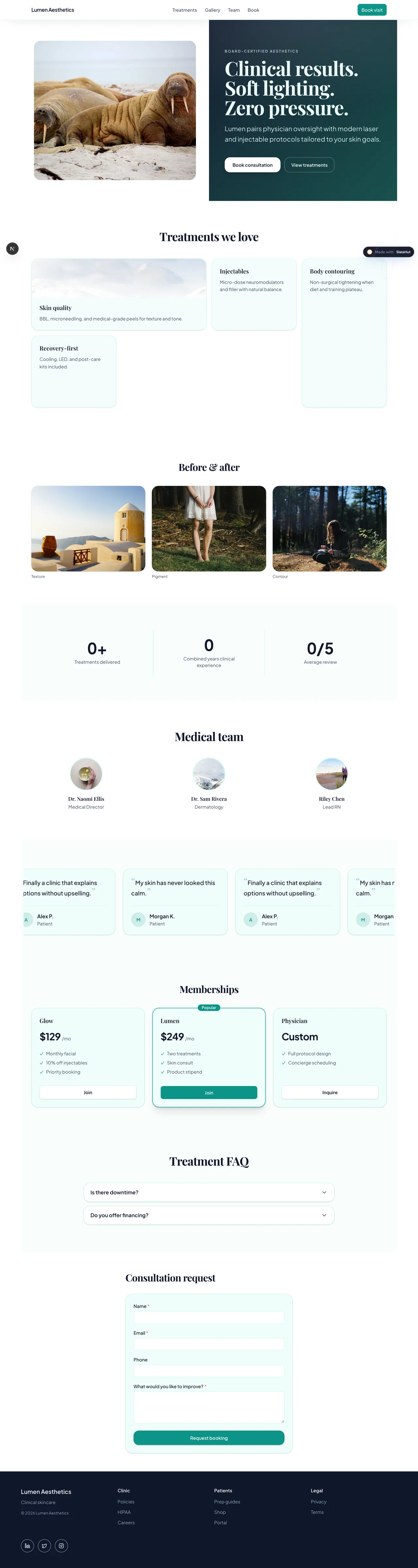 Screenshot of the Medical aesthetic built-in template on SlateHut