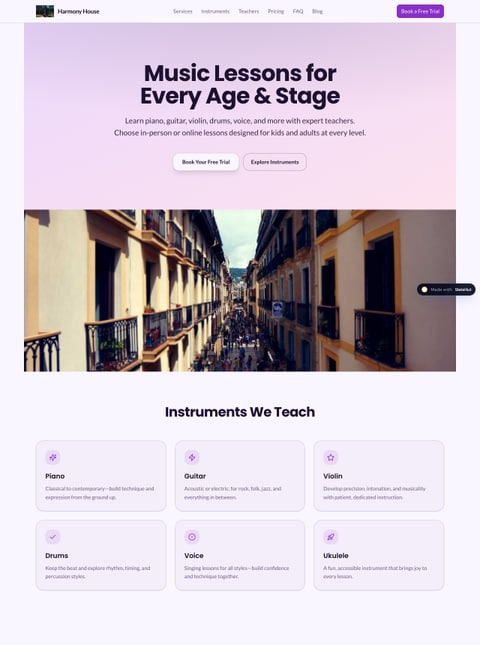 Screenshot of Harmony House Music School, a SlateHut showcase site