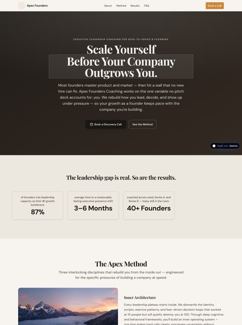 Screenshot of Apex Founders Coaching, a SlateHut showcase site