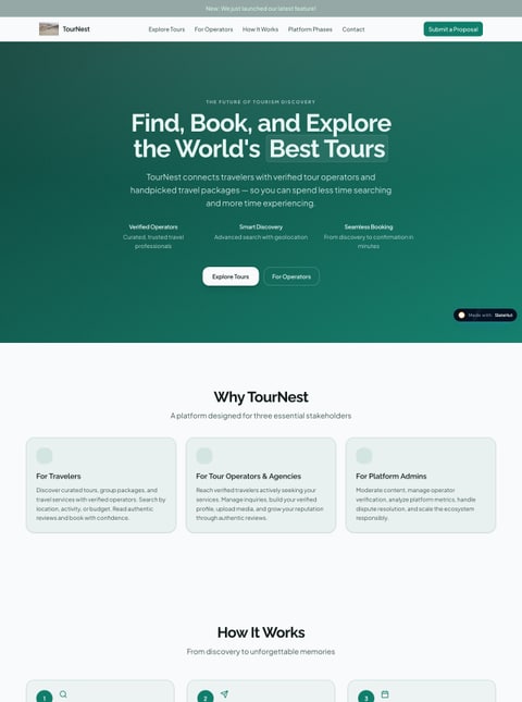 Screenshot of TourNest – Tourism Discovery & Booking Platform, a SlateHut showcase site