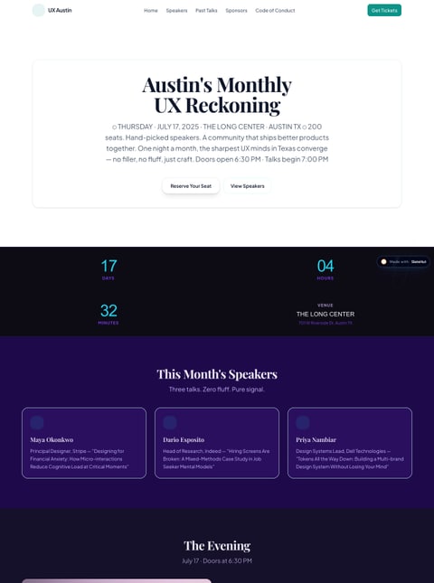 Screenshot of UX Austin Monthly Meetup, a SlateHut showcase site