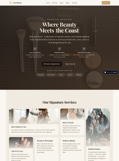 Screenshot of Aura Beauty Parlour & Salon, a SlateHut showcase site