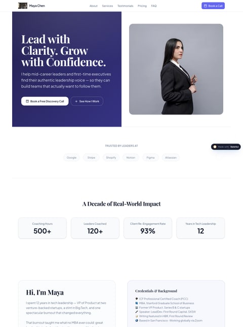 Screenshot of Maya Chen — Leadership Coaching, a SlateHut showcase site