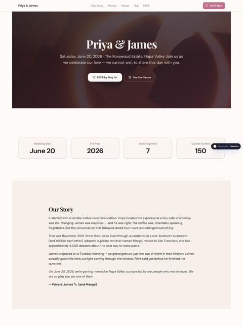 Screenshot of Priya & James — June 20, 2026, a SlateHut showcase site