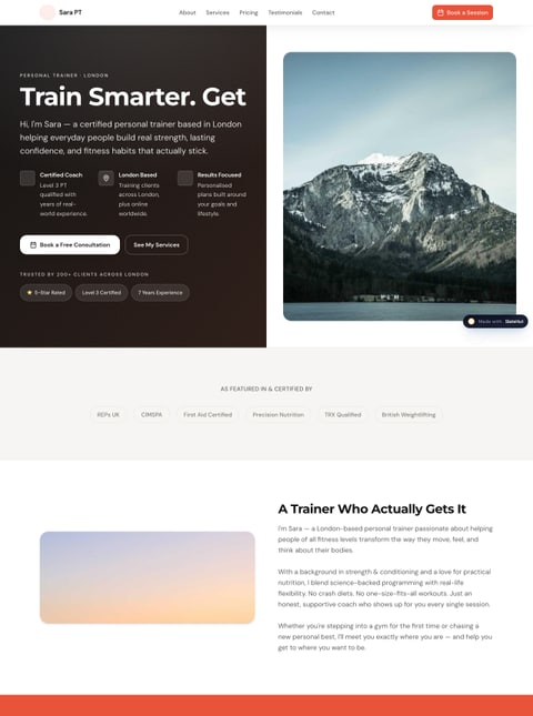 Screenshot of Sara – Personal Trainer London, a SlateHut showcase site