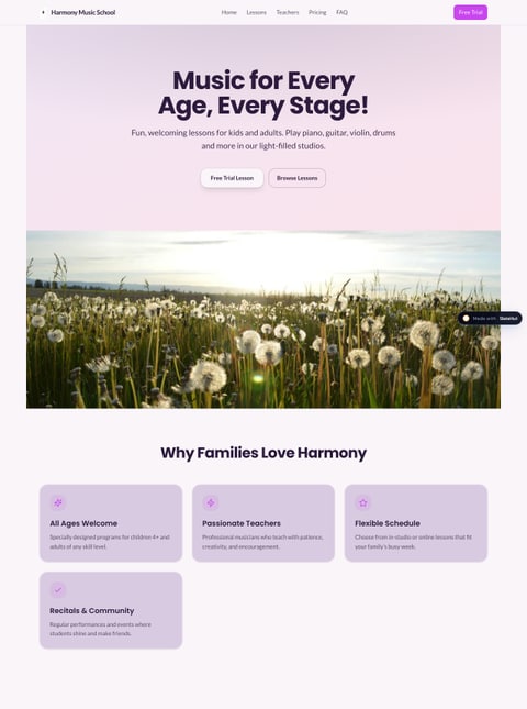 Screenshot of Harmony Kids & Adults Music School, a SlateHut showcase site