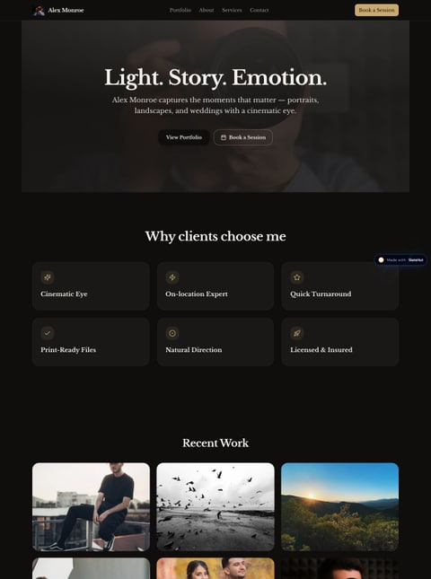 Screenshot of Alex Monroe Photography, a SlateHut showcase site