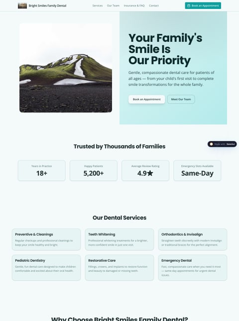 Screenshot of Bright Smiles Family Dental, a SlateHut showcase site