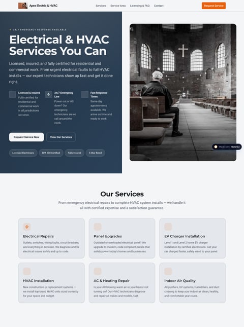Screenshot of Apex Electric & HVAC, a SlateHut showcase site