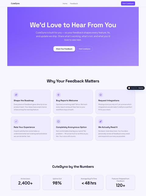 Screenshot of CuteDyno – Feedback, a SlateHut showcase site