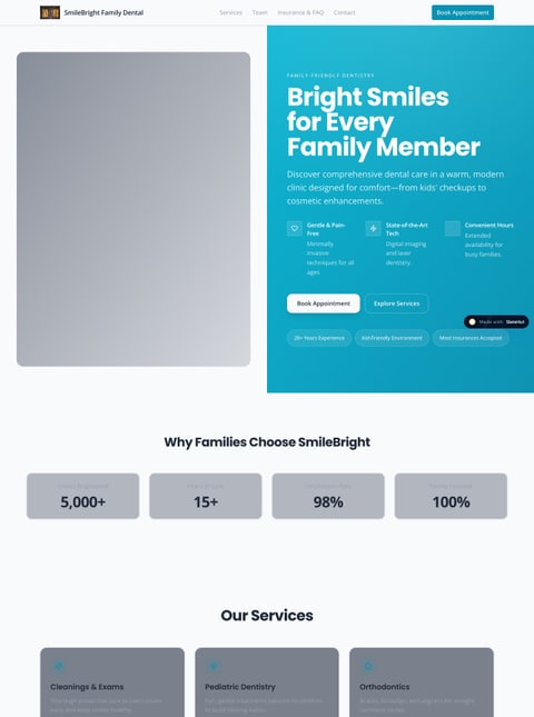 Screenshot of SmileBright Family Dental, a SlateHut showcase site