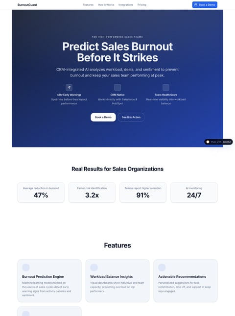 Screenshot of BurnoutGuard | AI Burnout Prediction for Sales Teams, a SlateHut showcase site
