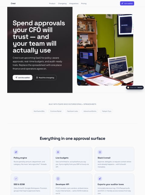 Screenshot of Crest — Spend approvals without the spreadsheet chaos, a SlateHut showcase site