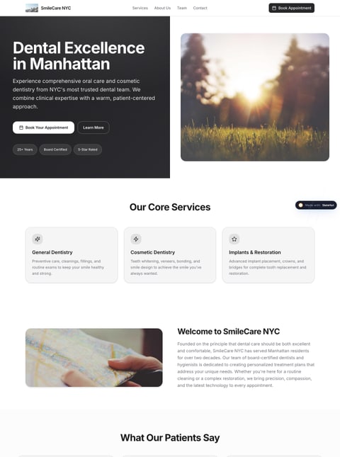 Screenshot of SmileCare NYC Dental Clinic, a SlateHut showcase site